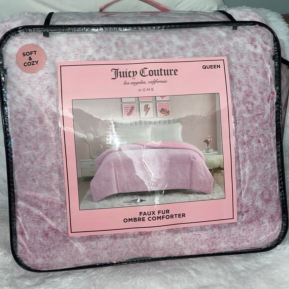 Juicy Couture Pink Leopard Cheetah Animal Print Faux Fur Queen Size Comforter - Picture 1 of 7